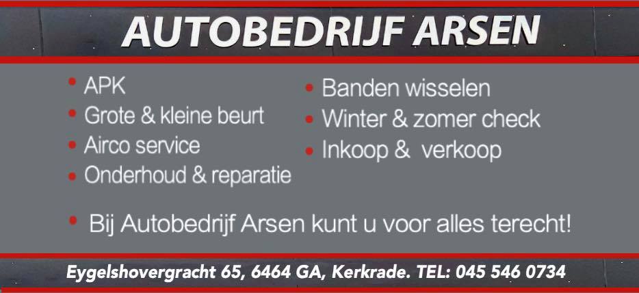Het bord van Autobedrijf Arsen met de diensten, het adres en het telefoonnummer